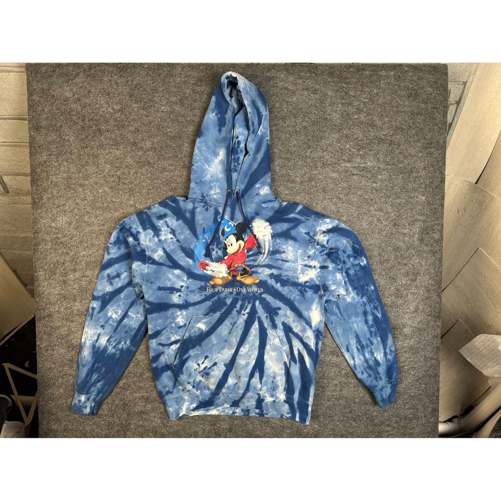 Vintage 2000s Disney Hoodie Mens Large Blue Tie Dye Sorcerer Mickey Four Parks